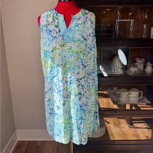 Blue Ginger Hawaiian Floral Shift Dress Sleeveless Rayon Green Blue Size L